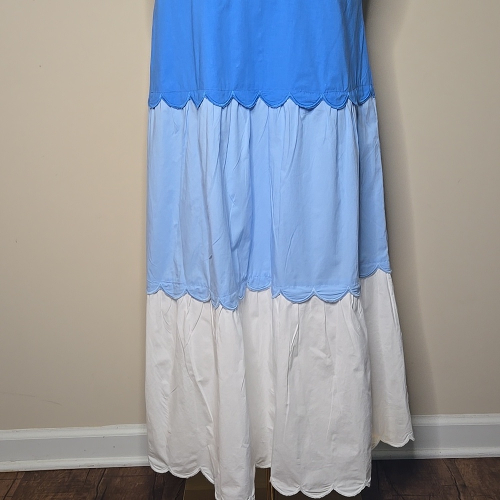 Ann Taylor Colorblock Tiered Midi Dress Navy Blue Blue White Scalloped Hem 12P - Picture 4 of 7